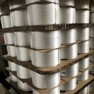 32mm 1-1/4 inch heavy duty composite strapping rolls stacked on pallets for wholesale bulk shipment