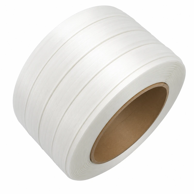 Single roll of white high strength polyester composite strapping for heavy duty cargo securing, lighter than steel and rust free