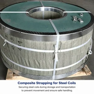 Polyester cargo securing band tightly fastening heavy steel coil roll, rust free packaging option