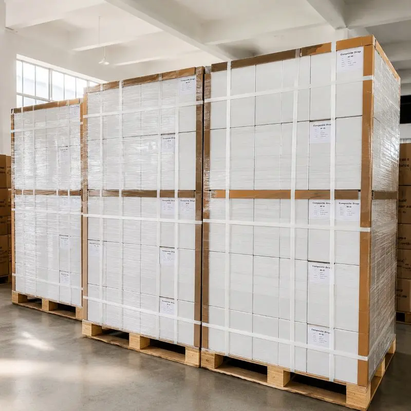 Palletized composite strapping ready in warehouse for shippment