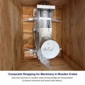 Polyester composite strapping securing heavy industrial machinery inside wooden crate for export