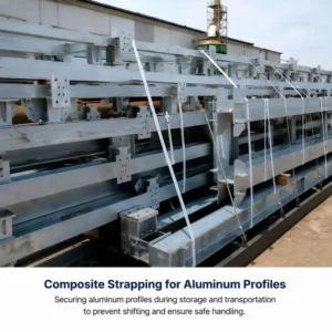 Flexible corded strapping bundling aluminum extrusions and metal profiles to prevent damage