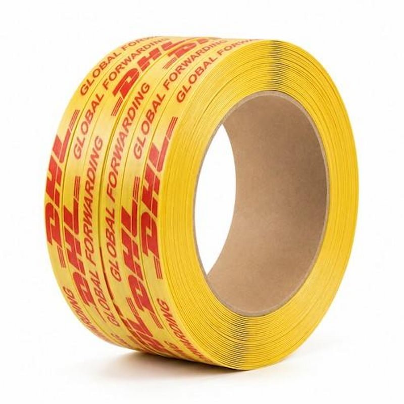 Custom printed yellow cargo securing belt roll with logo, rust free packaging solution for load