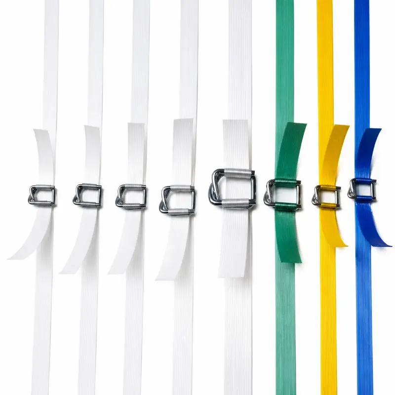 Multi size non metallic strapping bands with metal wire buckles, cheaper alternative to steel