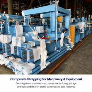Heavy duty non metallic strapping securing industrial machinery components for safe transport