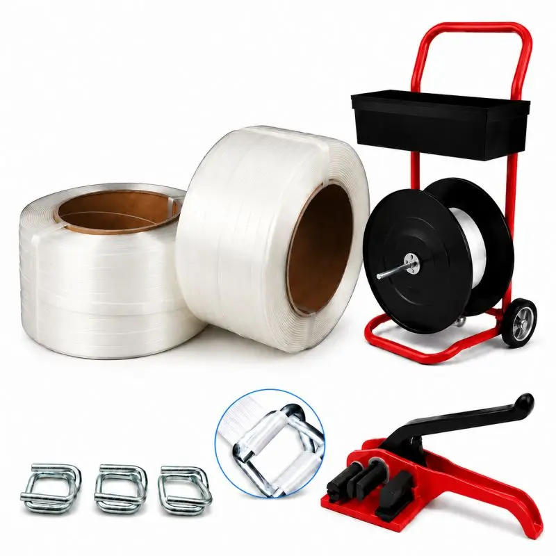Complete polyester composite strapping kit including wire buckles, manual tensioner tool, and mobile dispenser cart