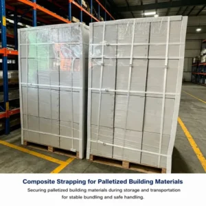 High tensile polyester cord belt securing palletized building materials during storage and shipping