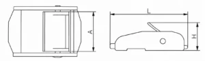 Cam buckle technical drawing showing A, H and L dimensions for size reference