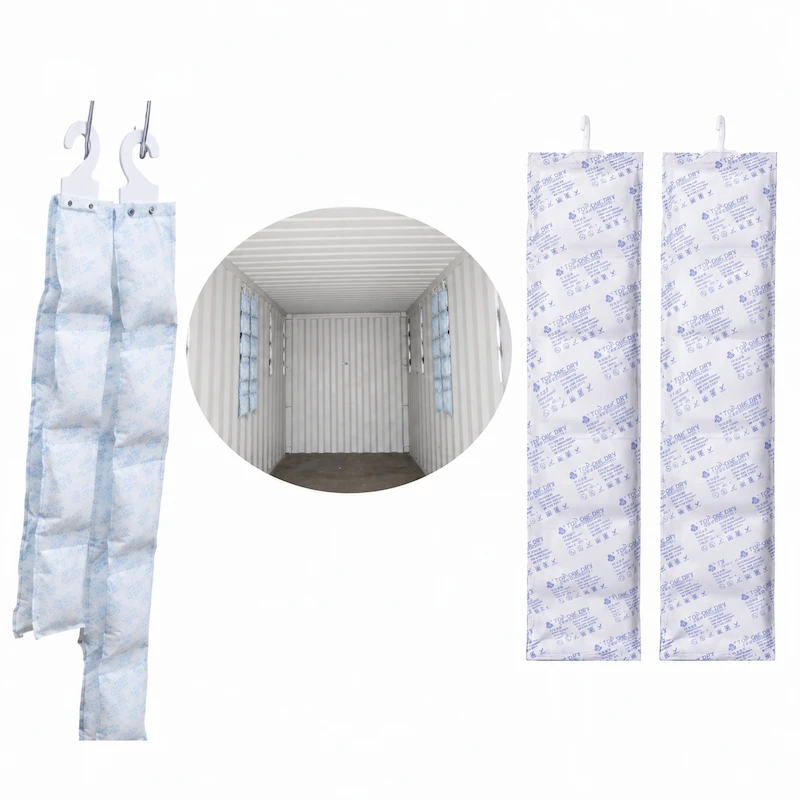 Hanging container desiccant bags installed inside a shipping container to control humidity during transportation