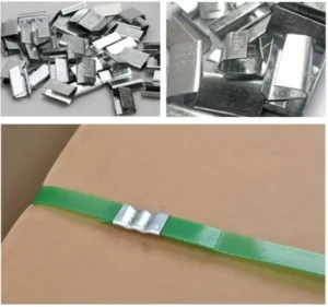Crimped galvanized steel seal securing green PET strap on a carton box with strong joint strength.