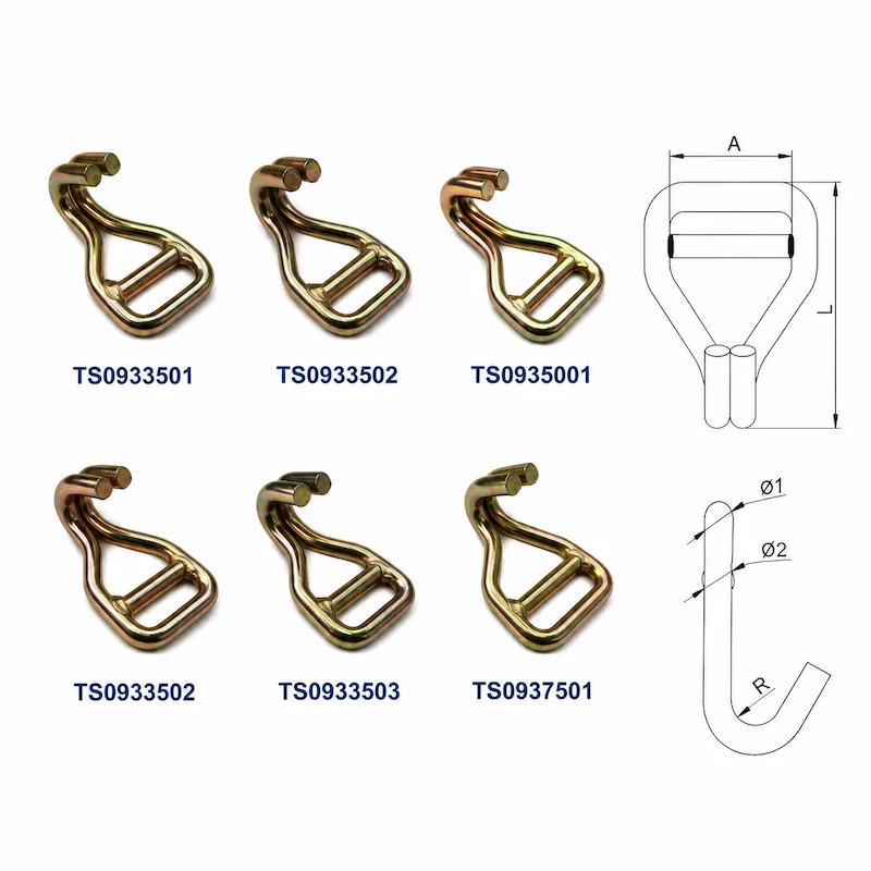 Double J hook models for webbing lashing straps with technical dimensions and specifications