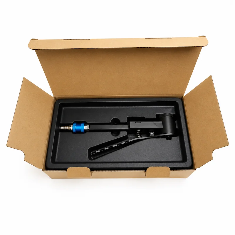Pneumatic strapping tensioner packed in protective case for secure storage and transportation
