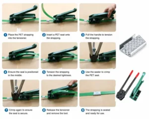 Step-by-step guide on tensioning and crimping metal seals on PET straps using manual tools.