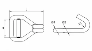 J hook lashing hook technical drawing with dimensions