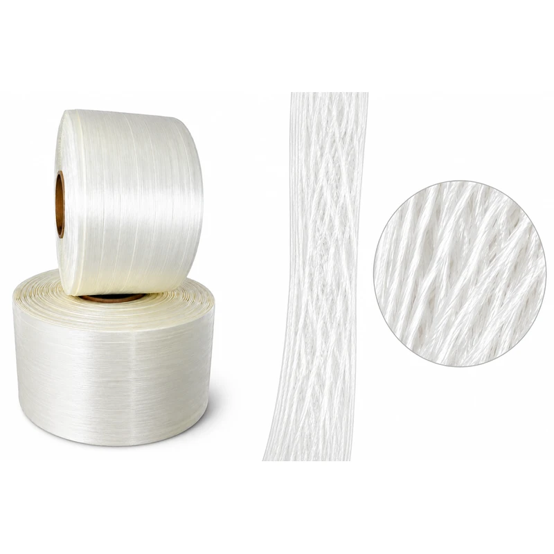High tensile 16mm hot melt polyester strapping showing internal fiber structure