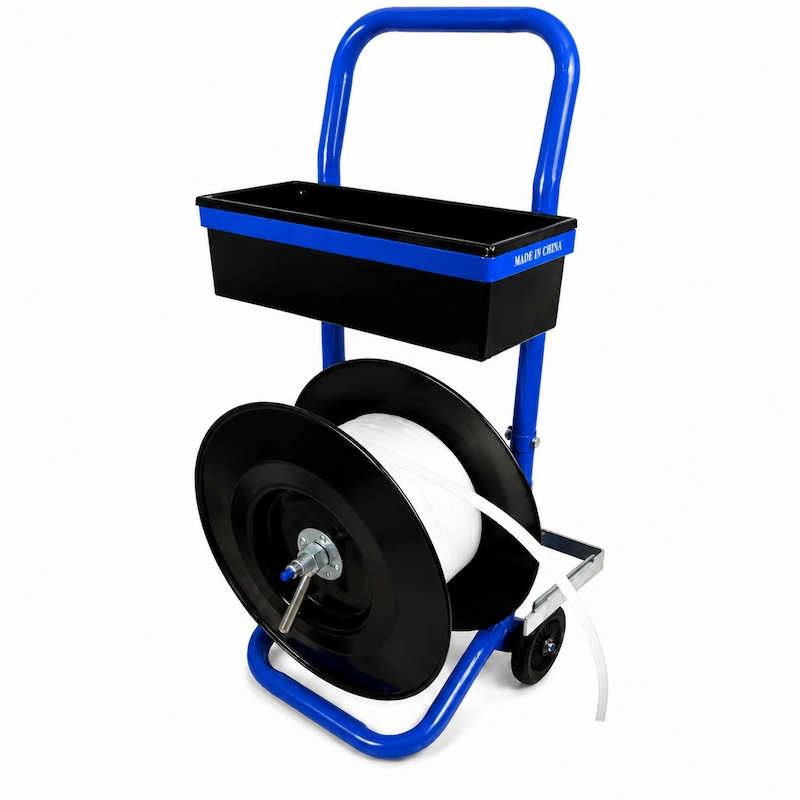 Mobile strapping dispenser cart for composite and woven strapping coils with smooth dispensing and easy mobility