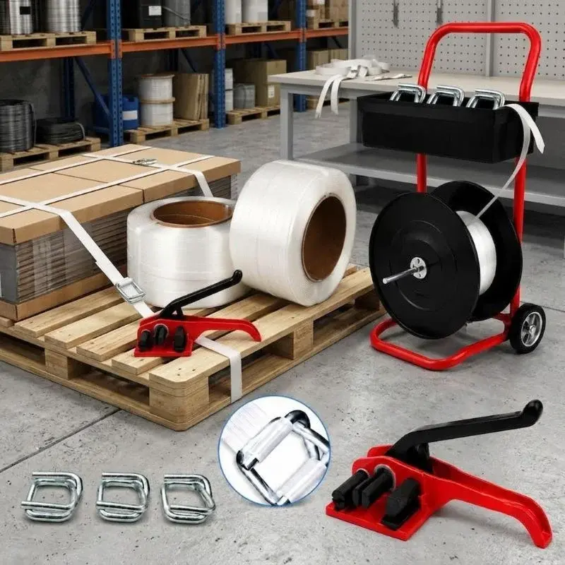 mobile strapping dispenser cart with composite strap coil