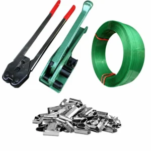 Complete PET strapping kit including steel seals, green polyester band, tensioner, and crimper