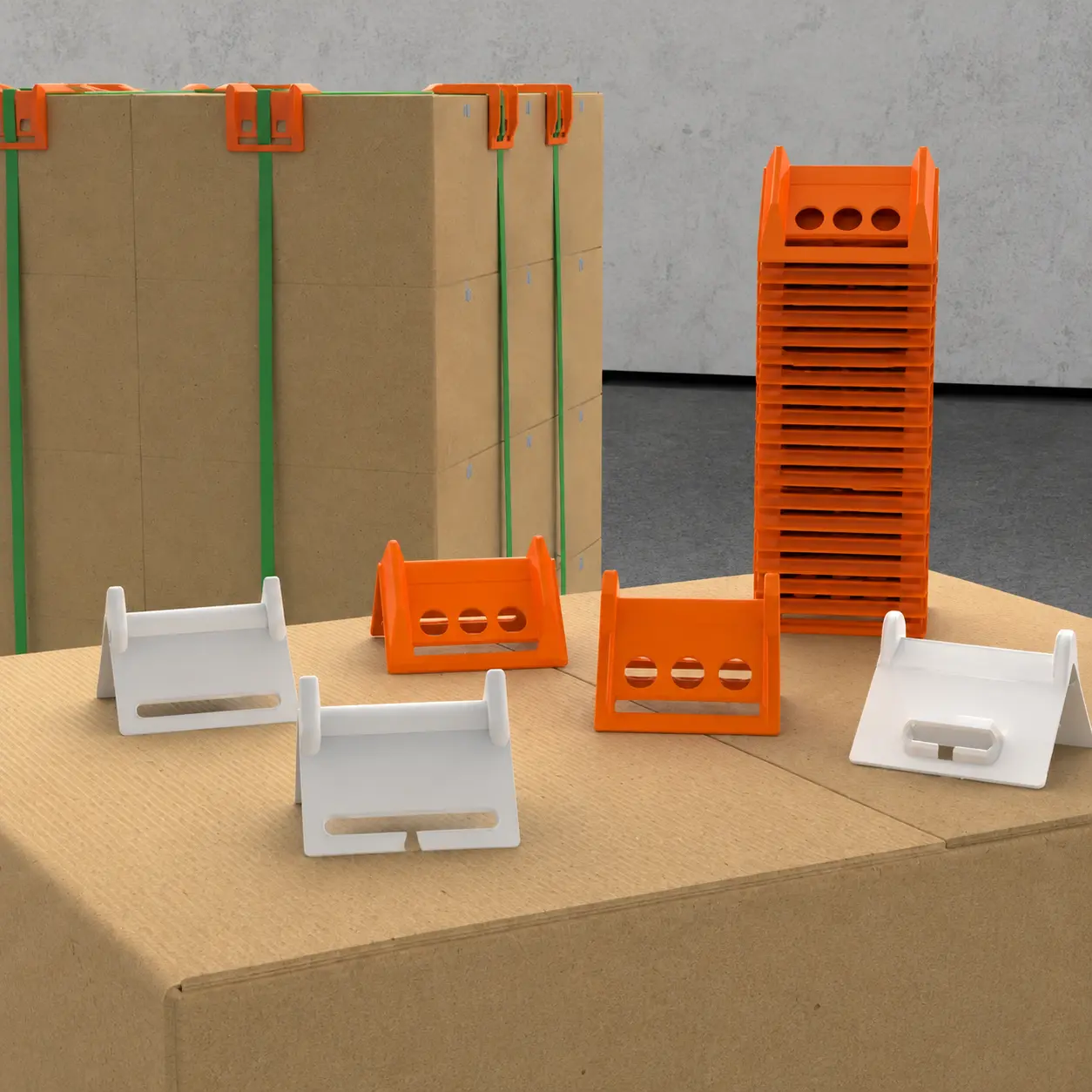 Plastic edge protectors applied on strapped cartons to prevent cargo edge damage during transportation