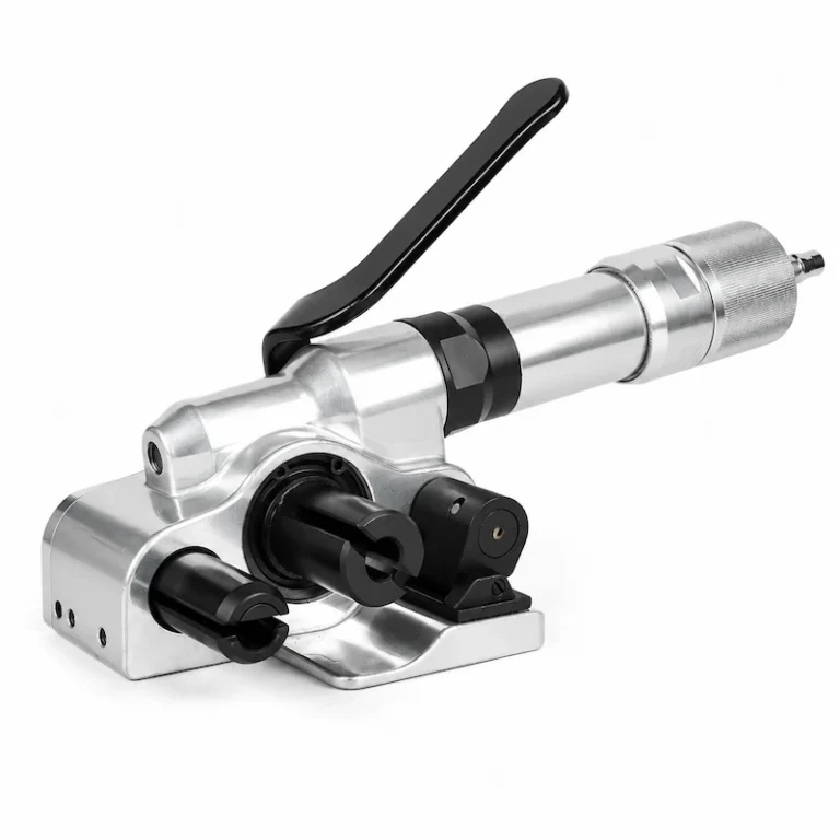 Pneumatic strapping tensioner for composite and woven strapping with efficient air-powered tensioning performance