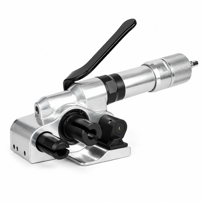 Pneumatic strapping tensioner for composite and woven strapping with efficient air-powered tensioning performance