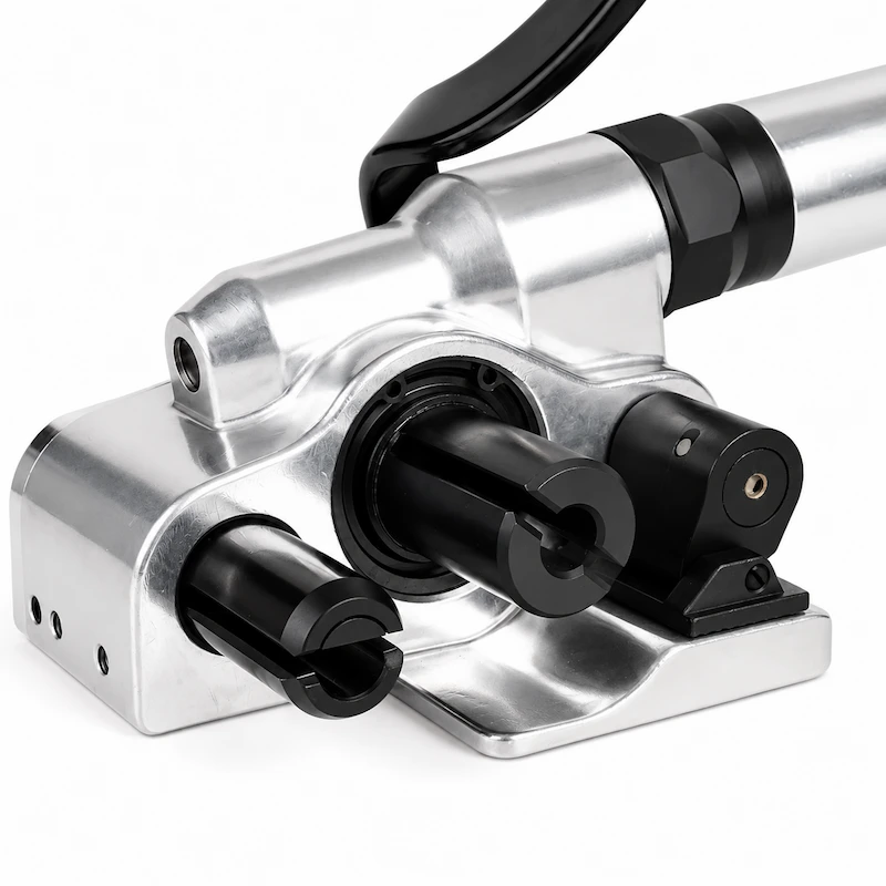 Close-up view of pneumatic strapping tensioner jaws and components for composite and woven strapping applications