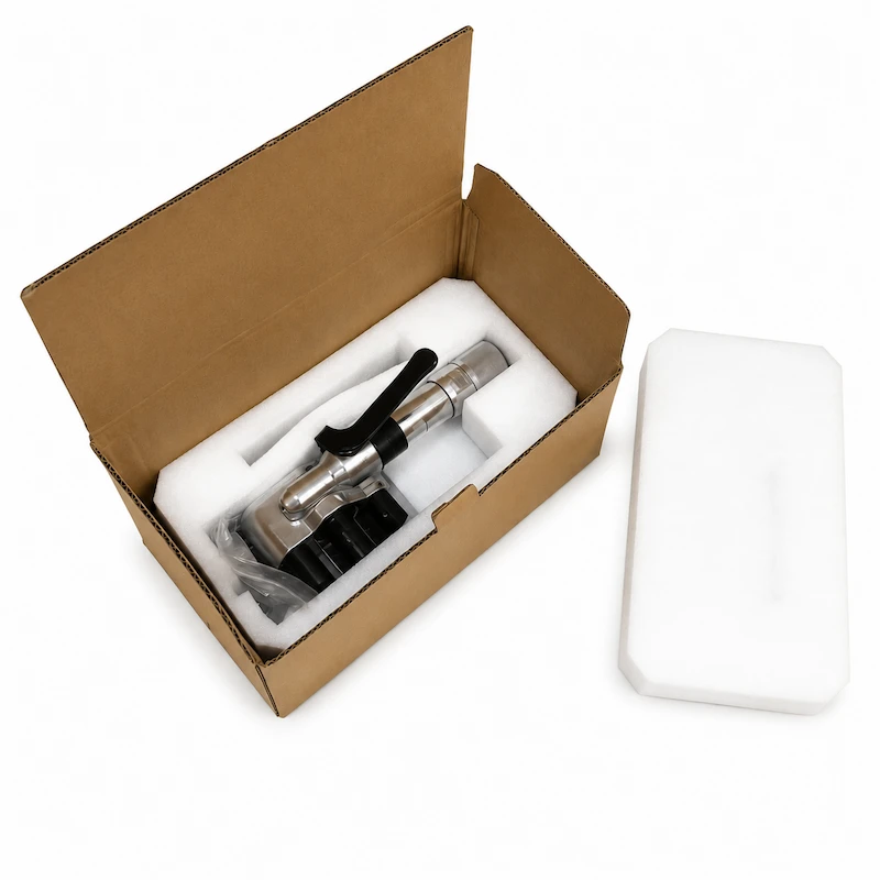 Pneumatic strapping tensioner packed with protective foam in carton box for safe transportation