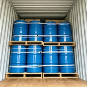 Polyester container lashing system securing chemical drums inside shipping container