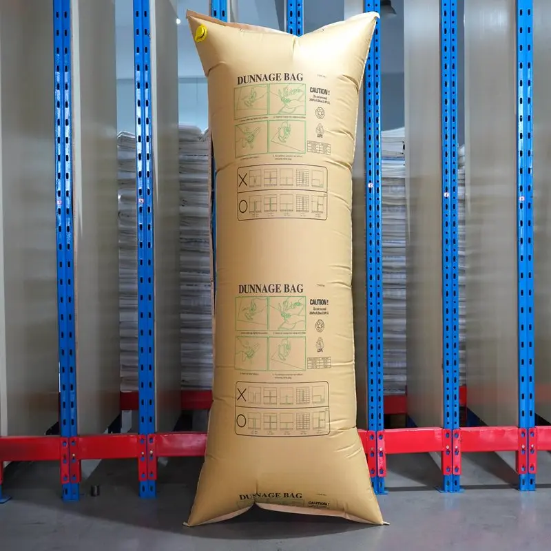 Inflated PP laminated dunnage air bag for cargo stabilization during container transportation.