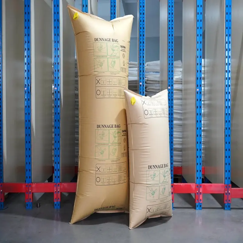 PP laminated dunnage air bags in multiple sizes for container cargo securing and void filling.