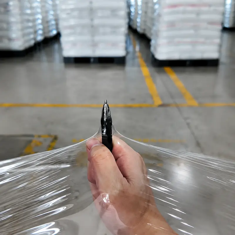 Stretch film elasticity test showing film stretching performance for pallet wrapping applications