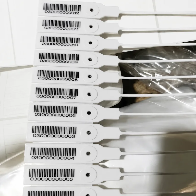 White plastic indicative seals with barcode printing for tamper-evident cargo security and tracking
