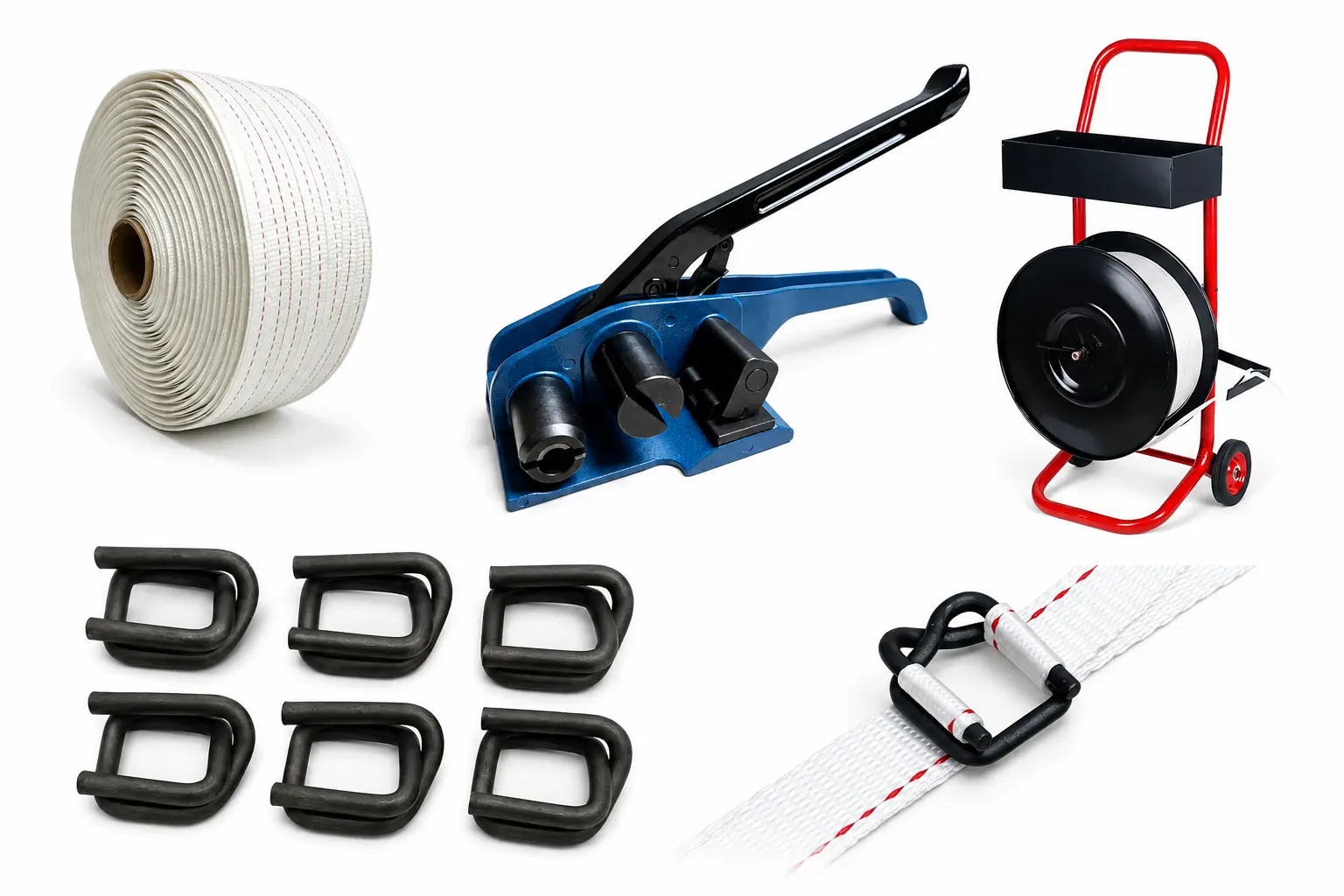 Woven cord strapping kit with blue tensioner tool, heavy-duty wire buckles, and mobile dispenser cart for packaging.