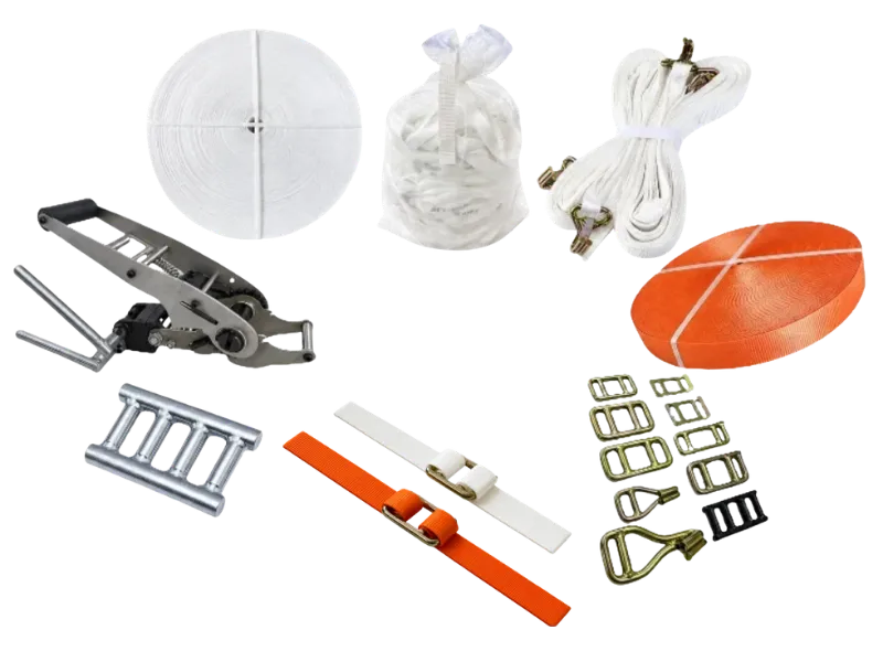 Polyester woven lashing and cargo securing systems with metal buckles,hooks and tensioners