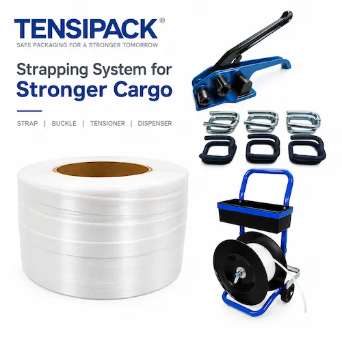 Composite strapping system with galvanized wire buckles, tensioner and dispenser