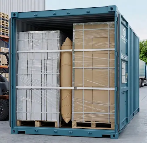 Dunnage airbag securing palletized cargo inside a shipping container