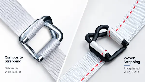 Composite and woven strapping with galvanized and phosphated wire buckles